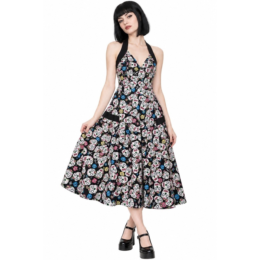 Hell Bunny Sugar Skull Halter Dress Large NWT Rockabilly Day of the Dead